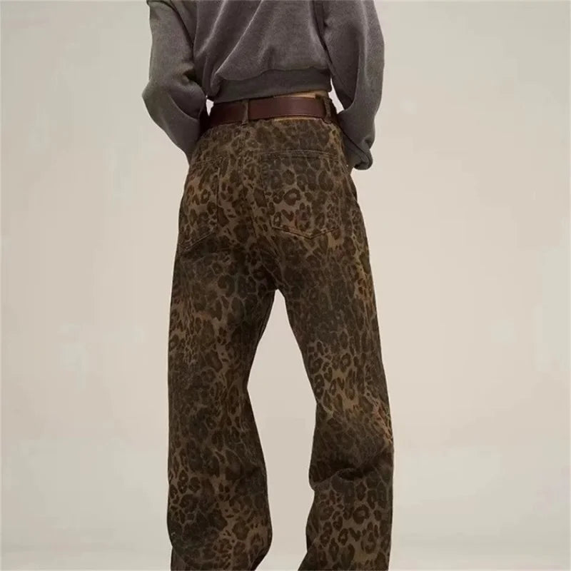 Tan Leopard Print Jeans – Women's Oversized Wide-Leg Denim