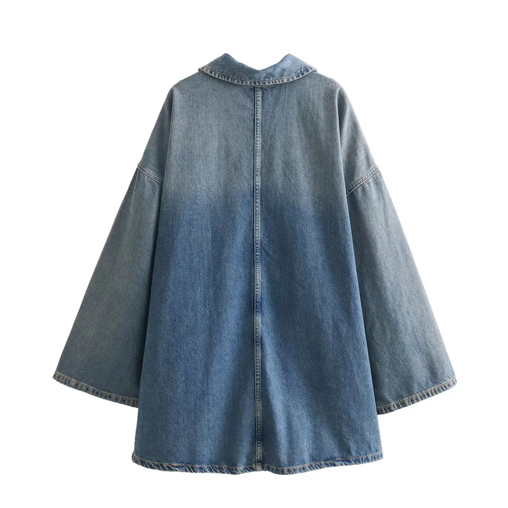 Women's A-Line Denim Dress – Casual Loose Fit with Lapel