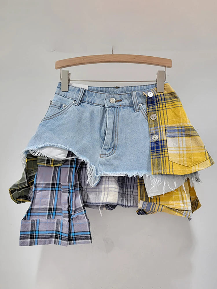 DEAT Women's Denim Skirt Colored Plaid Patchwork Irregular Deconstructed A-line High Waist Mini Skirt 2025 Spring New Fashion