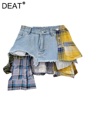 DEAT Women's Denim Skirt Colored Plaid Patchwork Irregular Deconstructed A-line High Waist Mini Skirt 2025 Spring New Fashion